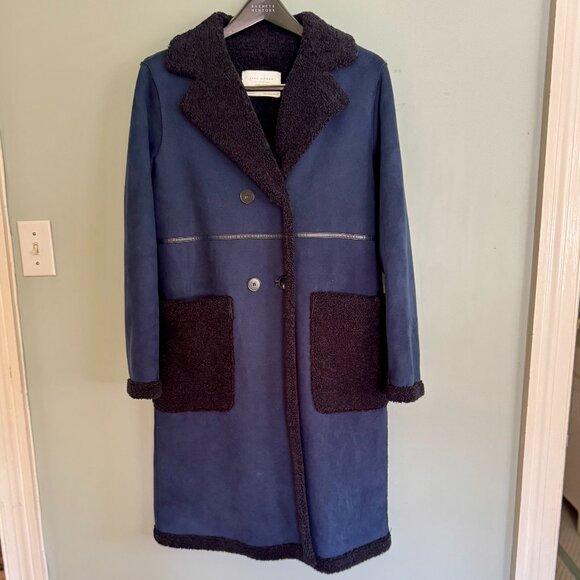 Shearling Style Long Coat in Navy - Picture 3 of 3